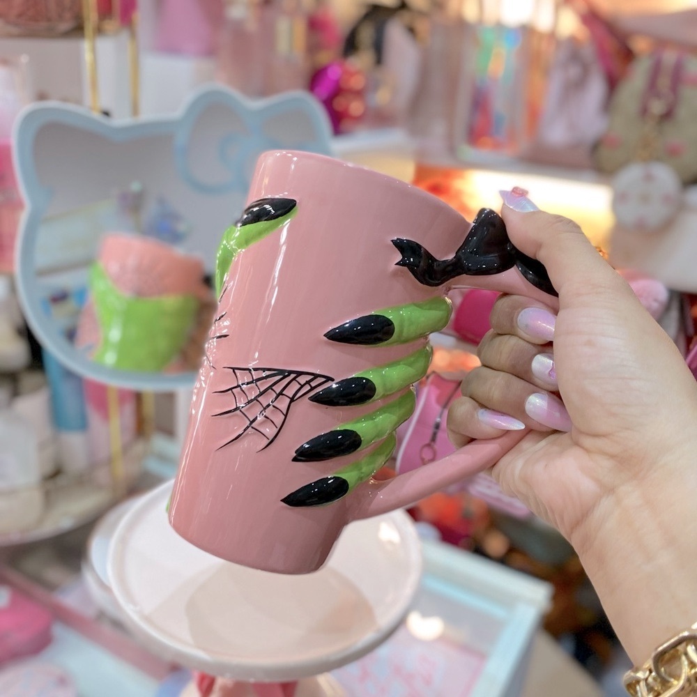 Pink Mug with Green Hand and Black Nails